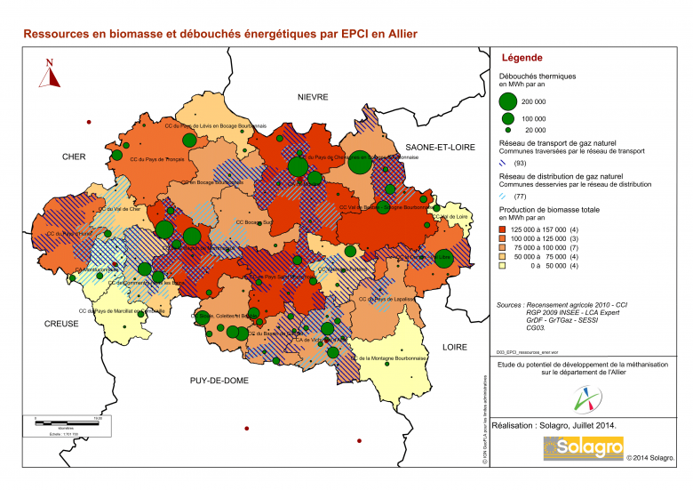 Exemple de cartographie réalisée pour le Conseil général de l’Allier, dans le cadre de l’étude du potentiel de développement de la méthanisation sur le territoire